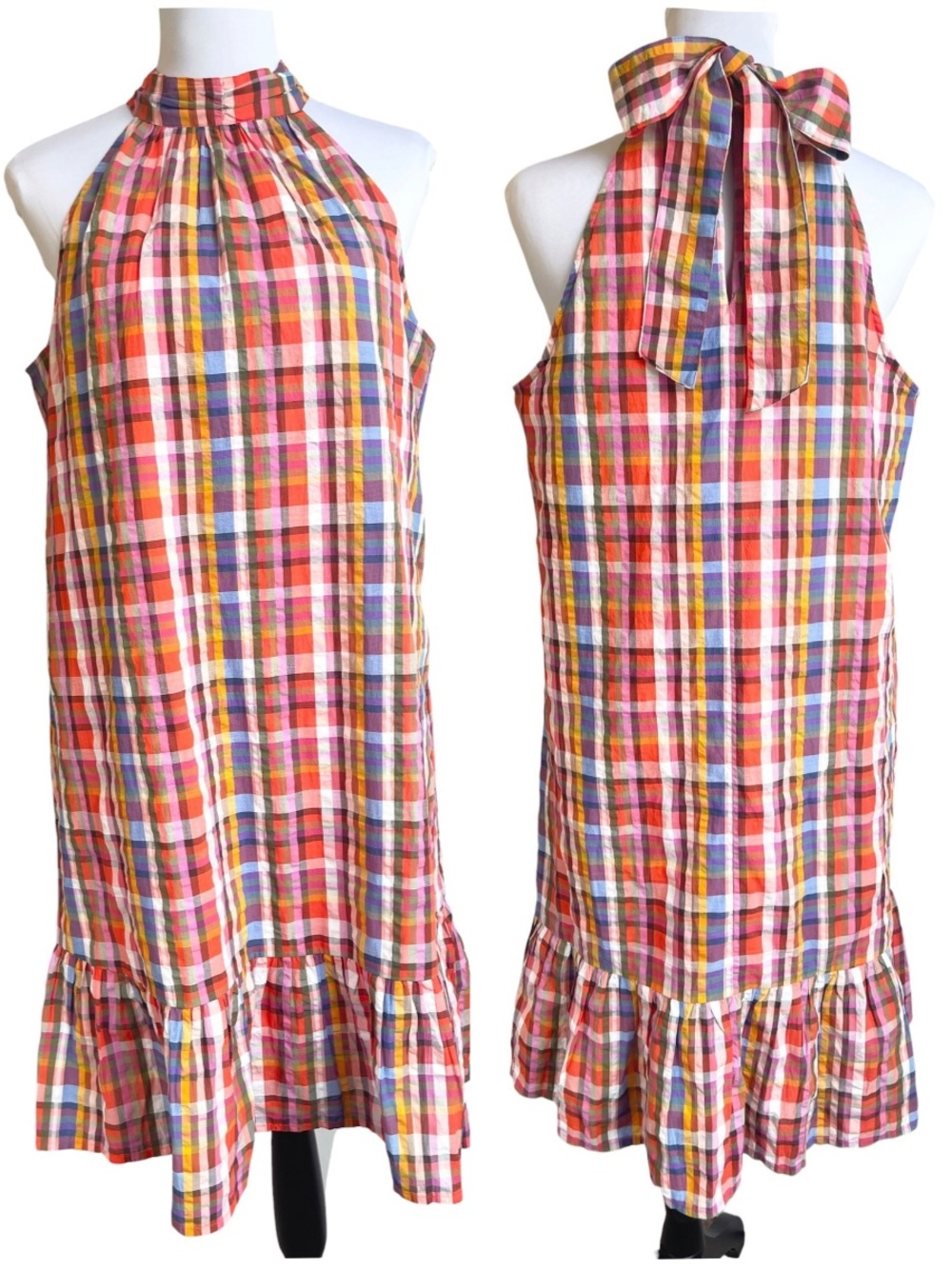100% Cotton Plaid Halter Neck  Sundress with Ruffle Flounce Hem Size M